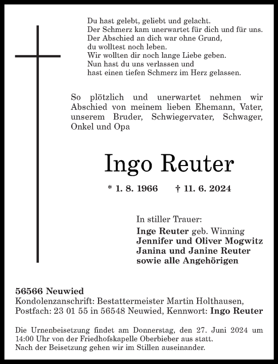 Traueranzeige von Ingo Reuter von Rhein-Zeitung