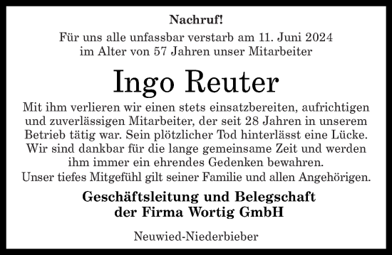 Traueranzeige von Ingo Reuter von Rhein-Zeitung
