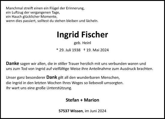 Traueranzeige von Ingrid Fischer von Rhein-Zeitung