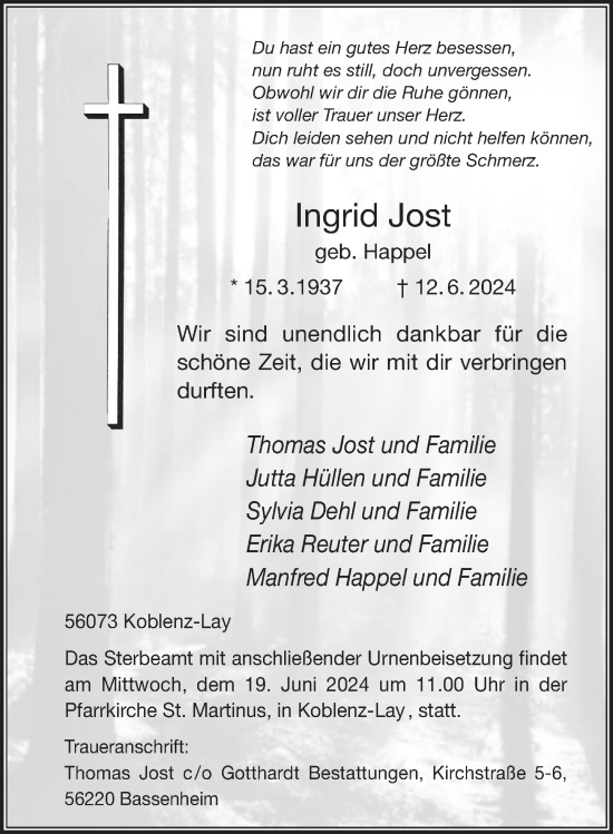 Traueranzeige von Ingrid Jost von Rhein-Zeitung