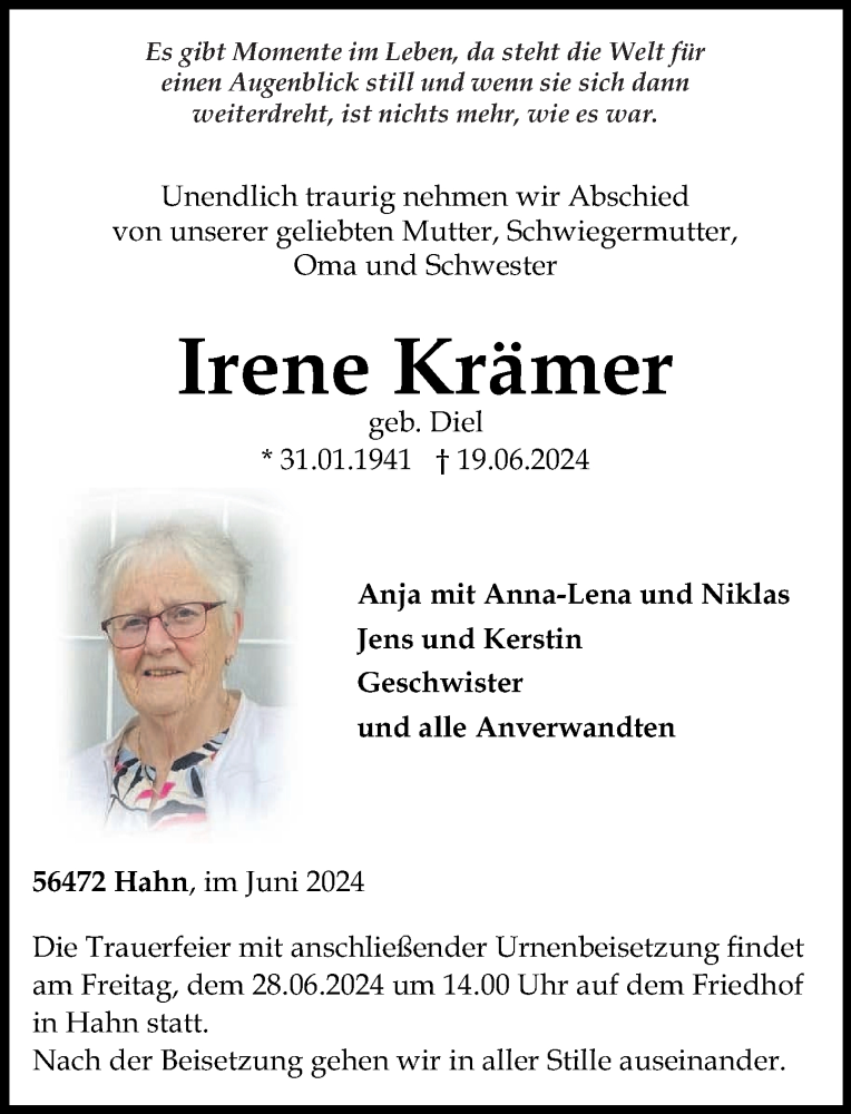  Traueranzeige für Irene Krämer vom 25.06.2024 aus Westerwälder Zeitung