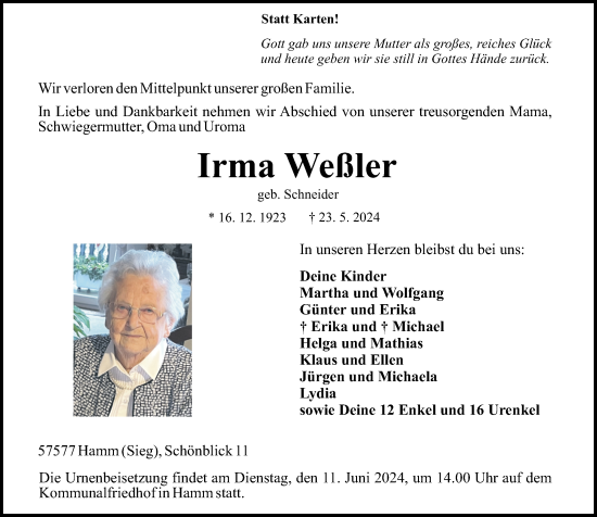 Traueranzeige von Irma Weßler von Rhein-Zeitung