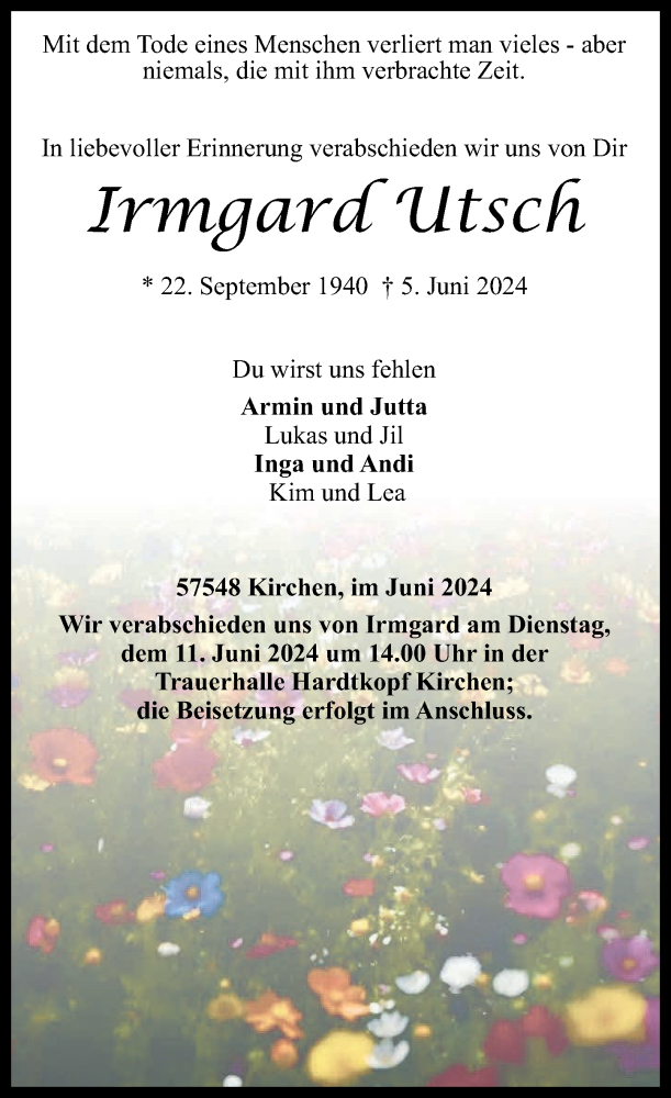  Traueranzeige für Irmgard Utsch vom 08.06.2024 aus Rhein-Zeitung