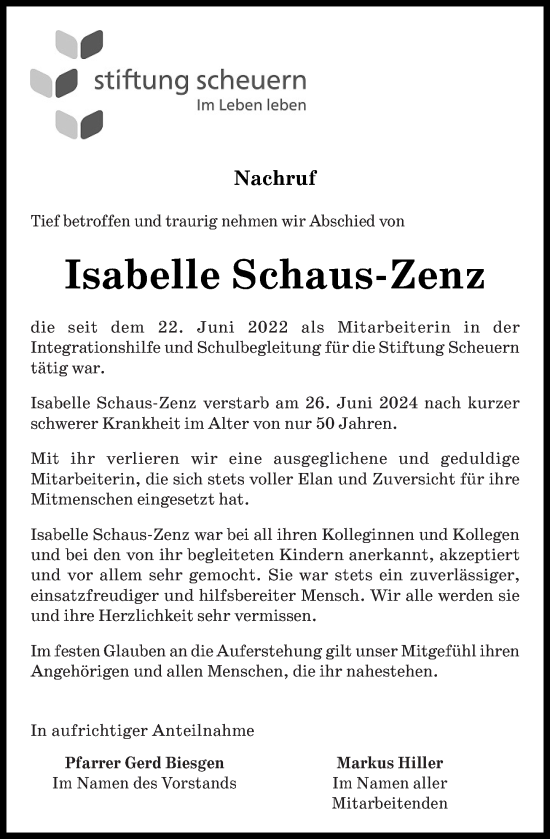 Traueranzeige von Isabelle Schaus-Zenz von Rhein-Lahn-Zeitung
