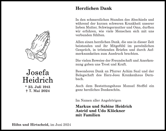 Traueranzeige von Josefa Heidrich von Westerwälder Zeitung