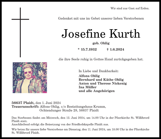 Traueranzeige von Josefine Kurth von Rhein-Zeitung