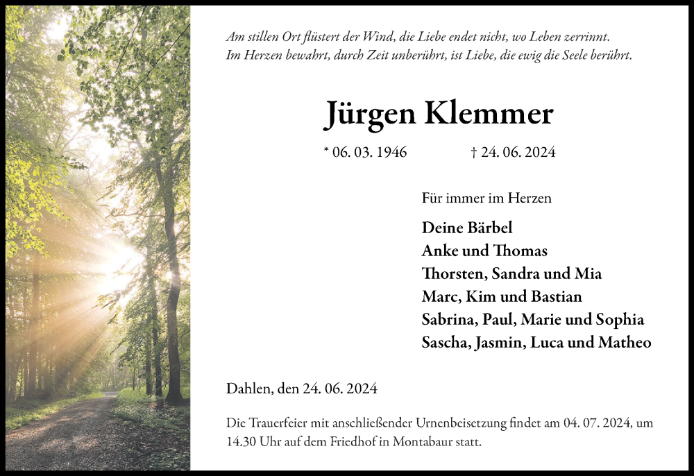  Traueranzeige für Jürgen Klemmer vom 29.06.2024 aus Westerwälder Zeitung