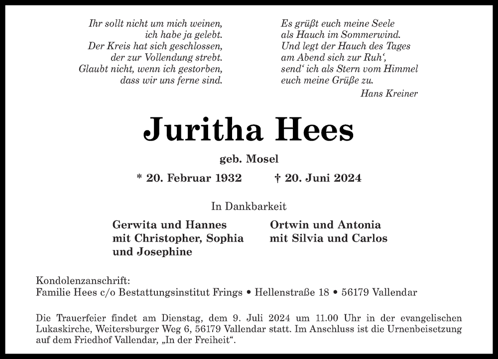  Traueranzeige für Juritha Hees vom 29.06.2024 aus Rhein-Zeitung