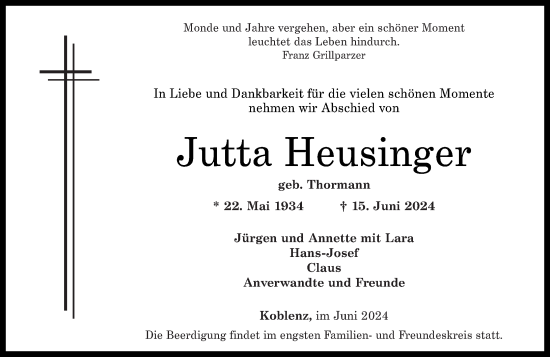 Traueranzeige von Jutta Heusinger von Rhein-Zeitung