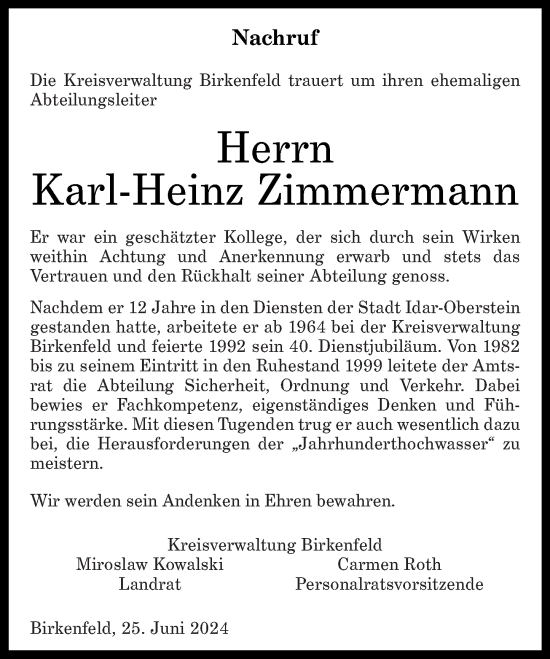 Traueranzeige von Karl-Heinz Zimmermann von Nahe-Zeitung