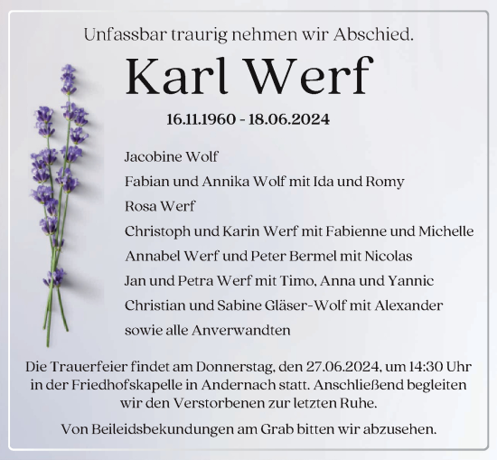 Traueranzeige von Karl Werf von Rhein-Zeitung