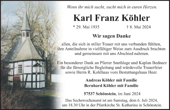 Traueranzeige von Karl Franz Köhler von Rhein-Zeitung