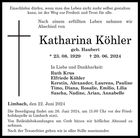 Traueranzeige von Katharina Köhler von Oeffentlicher Anzeiger
