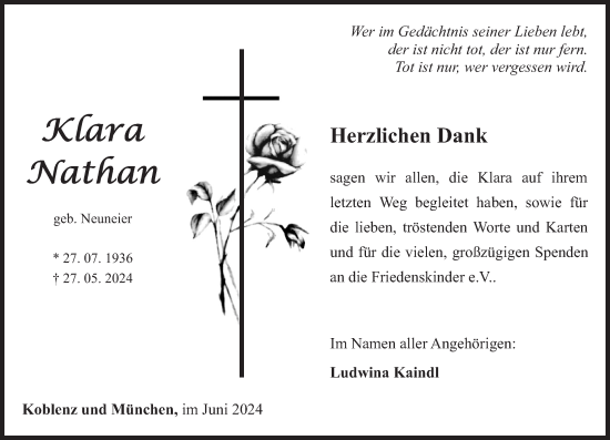 Traueranzeige von Klara Nathan von Rhein-Zeitung