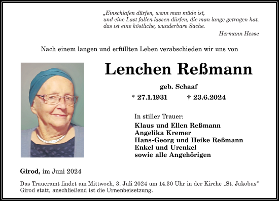 Traueranzeige von Lenchen Reßmann von Westerwälder Zeitung