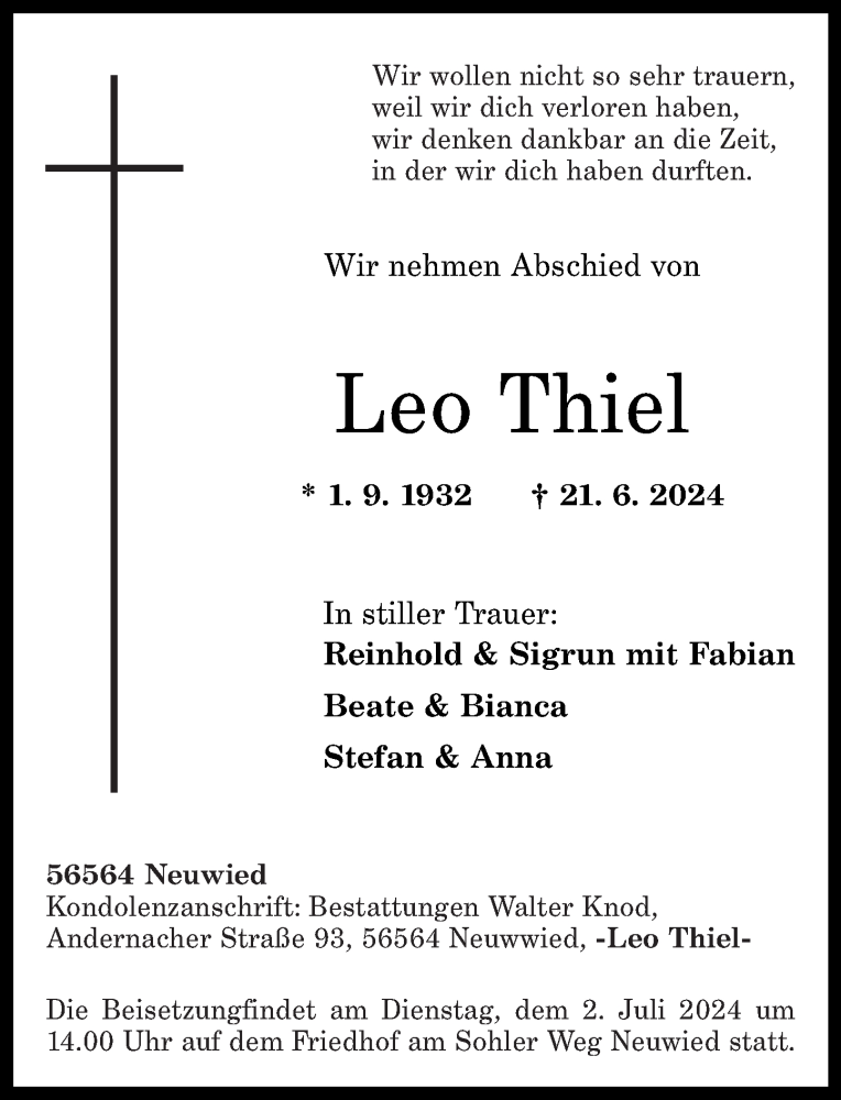  Traueranzeige für Leo Thiel vom 29.06.2024 aus Rhein-Zeitung