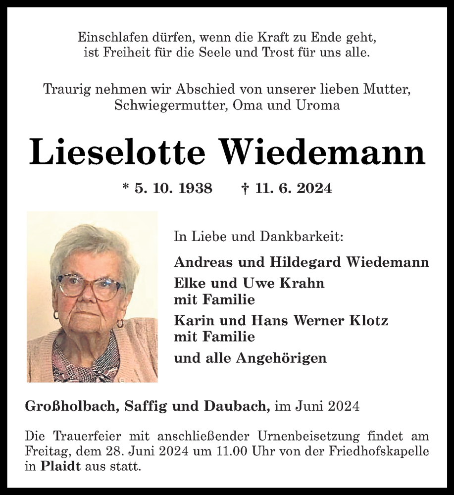  Traueranzeige für Lieselotte Wiedemann vom 22.06.2024 aus Rhein-Zeitung, Oeffentlicher Anzeiger