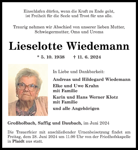 Traueranzeige von Lieselotte Wiedemann von Rhein-Zeitung, Oeffentlicher Anzeiger