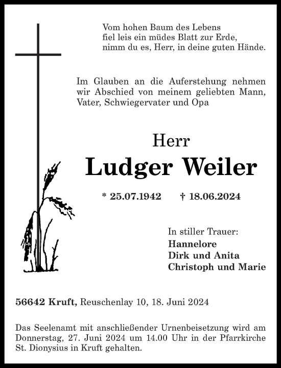 Traueranzeige von Ludger Weiler von Rhein-Zeitung