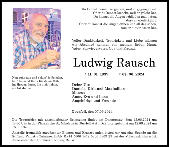 Traueranzeige von Ludwig Rausch von Rhein-Zeitung