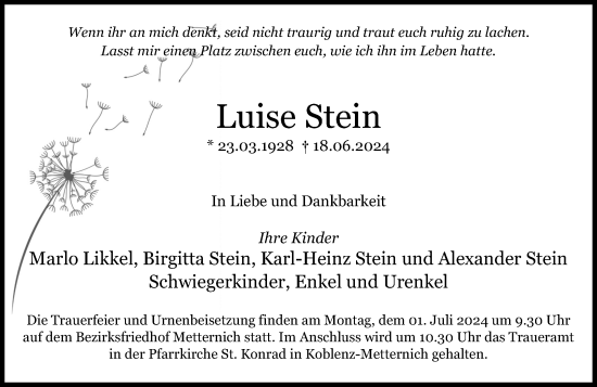 Traueranzeige von Luise Stein von Rhein-Zeitung
