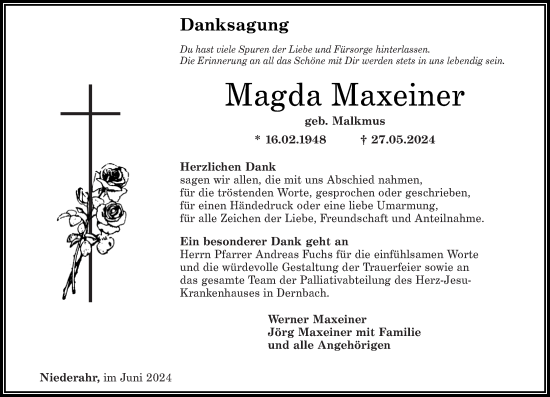 Traueranzeige von Magda Maxeiner von Rhein-Lahn-Zeitung, Westerwälder Zeitung
