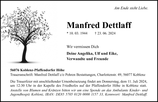 Traueranzeige von Manfred Dettlaff von Rhein-Zeitung