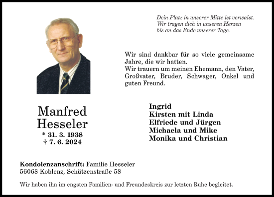 Traueranzeige von Manfred Hesseler von Rhein-Zeitung