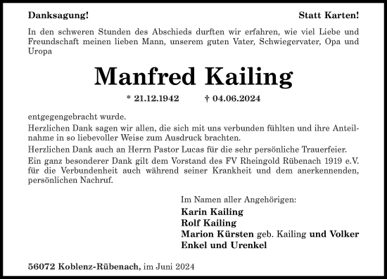 Traueranzeige von Manfred Kailing von Rhein-Zeitung
