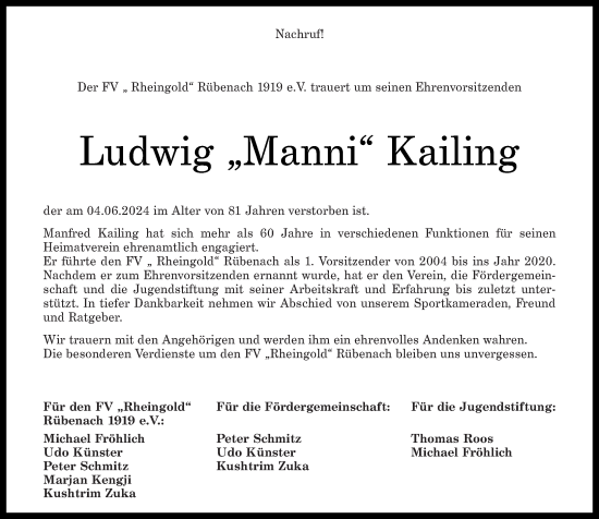 Traueranzeige von Manfred Kailing von Rhein-Zeitung