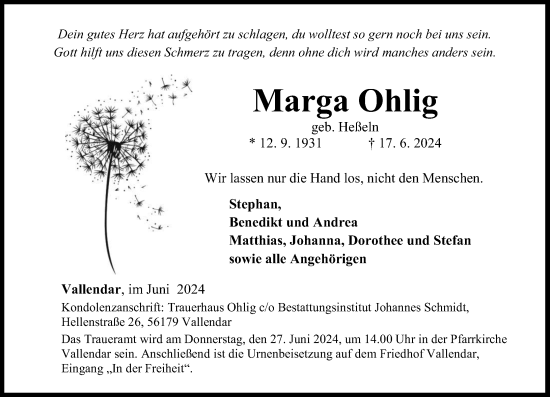 Traueranzeige von Marga Ohlig von Rhein-Zeitung