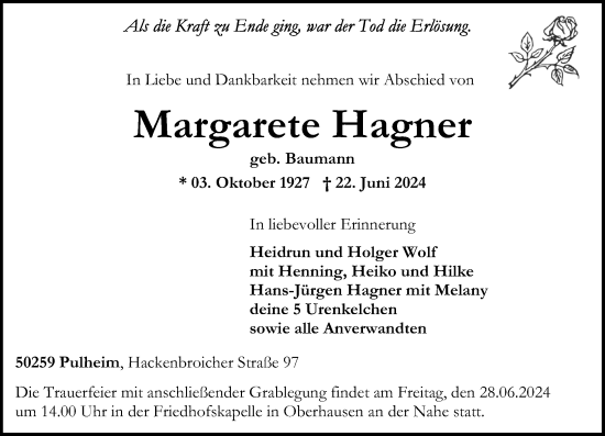 Traueranzeige von Margarete Hagner von Oeffentlicher Anzeiger