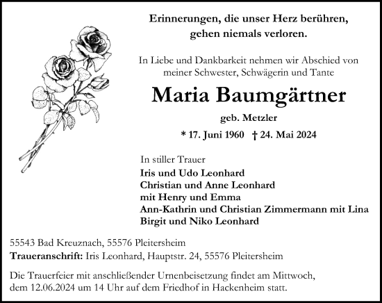 Traueranzeige von Maria Baumgärtner von Oeffentlicher Anzeiger