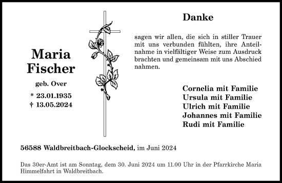 Traueranzeige von Maria Fischer von Rhein-Zeitung