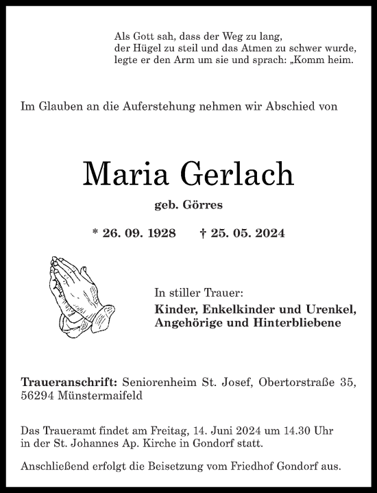 Traueranzeige von Maria Gerlach von Rhein-Zeitung