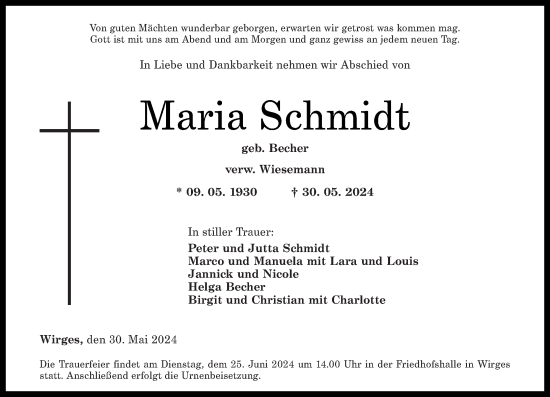 Traueranzeige von Maria Schmidt von Westerwälder Zeitung