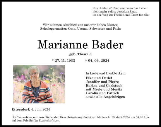 Traueranzeige von Marianne Bader von Westerwälder Zeitung