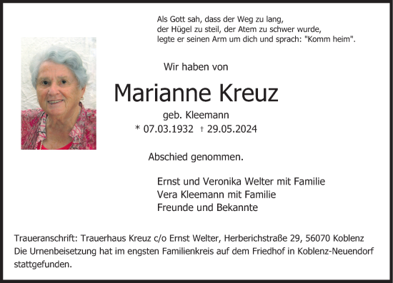 Traueranzeige von Marianne Kreuz von Rhein-Zeitung