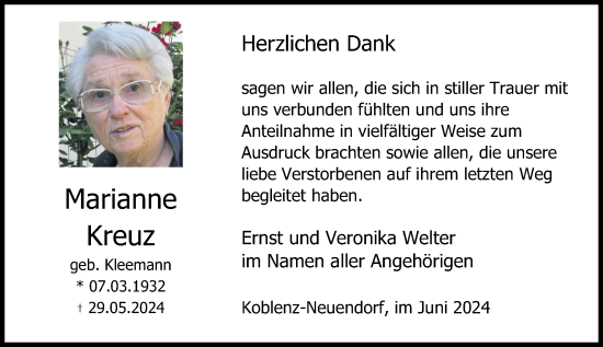 Traueranzeige von Marianne Kreuz von Rhein-Zeitung