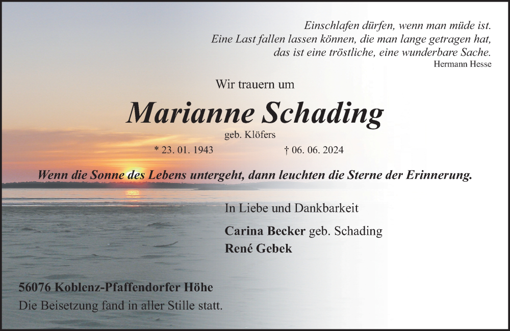  Traueranzeige für Marianne Schading vom 22.06.2024 aus Rhein-Zeitung