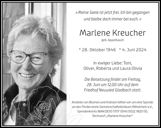 Traueranzeige von Marlene Kreucher von Rhein-Zeitung