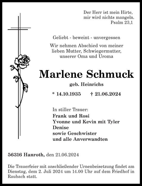 Traueranzeige von Marlene Schmuck von Rhein-Zeitung