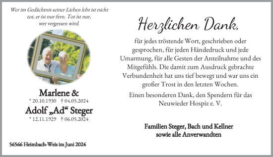 Traueranzeige von Marlene und Adolf Steger von Rhein-Zeitung