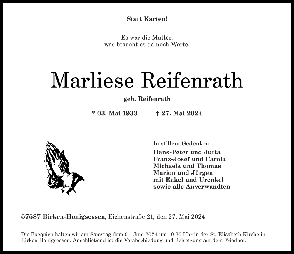  Traueranzeige für Marliese Reifenrath vom 31.05.2024 aus Rhein-Zeitung