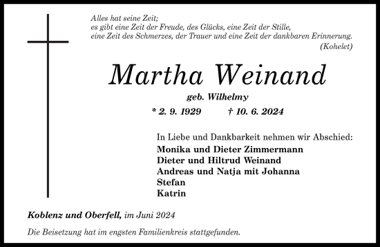 Traueranzeige von Martha Weinand von Rhein-Zeitung