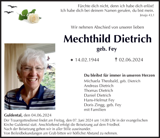 Traueranzeige von Mechthild Dietrich von Oeffentlicher Anzeiger