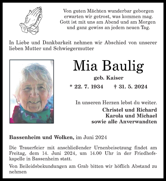 Traueranzeige von Mia Baulig von Rhein-Zeitung