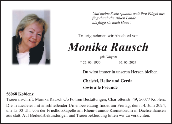 Traueranzeige von Monika Rausch von Rhein-Zeitung