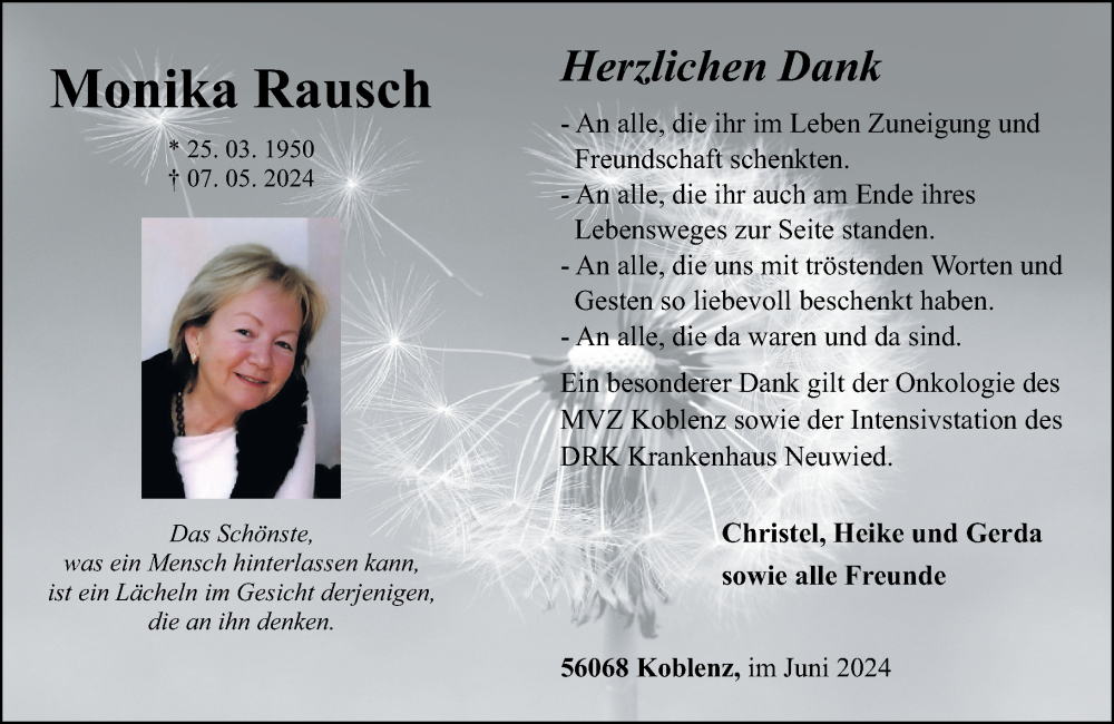  Traueranzeige für Monika Rausch vom 29.06.2024 aus Rhein-Zeitung