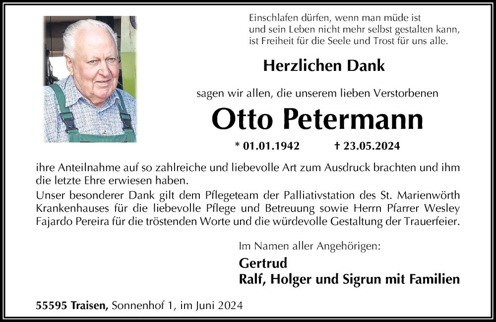  Traueranzeige für Otto Petermann vom 29.06.2024 aus Oeffentlicher Anzeiger